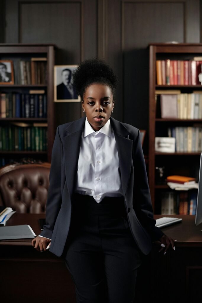 Professional African American woman in business attire standing confidently in an office environment.